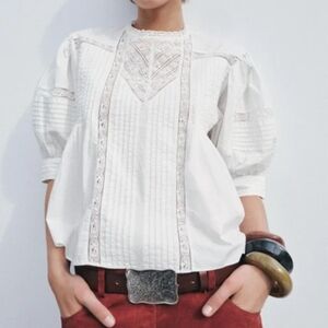 Zara Women White Romantic Embroidered Blouse Puffed Sleeves L NWT 7521/042